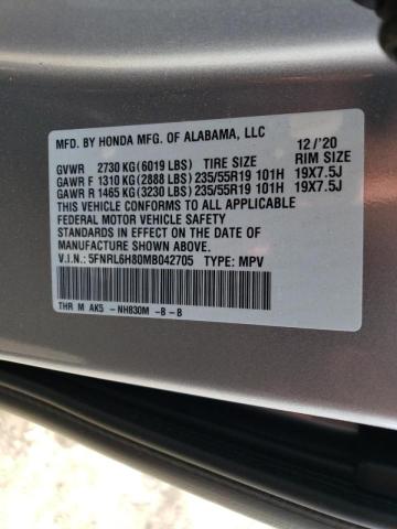 5FNRL6H80MB042705 - 2021 HONDA ODYSSEY TO SILVER photo 10