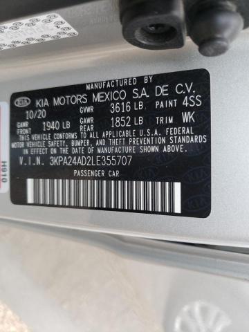 3KPA24AD2LE355707 - 2020 KIA RIO LX SILVER photo 10