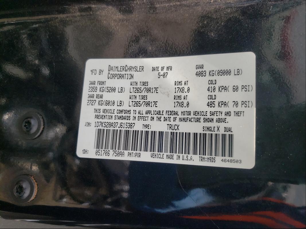 1D7KS28A37J615387 - 2007 DODGE RAM 2500 S შავი ფოტო 10