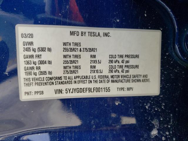 5YJYGDEF9LF001155 - 2020 TESLA MODEL Y أزرق صورة 10