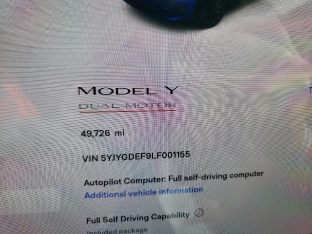 5YJYGDEF9LF001155 - 2020 TESLA MODEL Y أزرق صورة 8