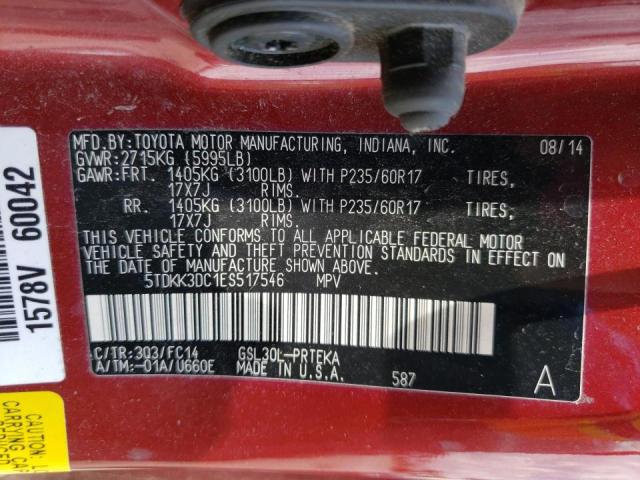 5TDKK3DC1ES517546 - 2014 TOYOTA SIENNA LE RED photo 10