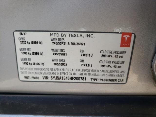 5YJSA1E45HF200781 - 2017 TESLA MODEL S SILVER photo 10