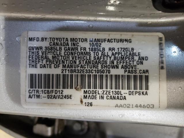 2T1BR32E33C105070 - 2003 TOYOTA COROLLA S SILVER photo 10