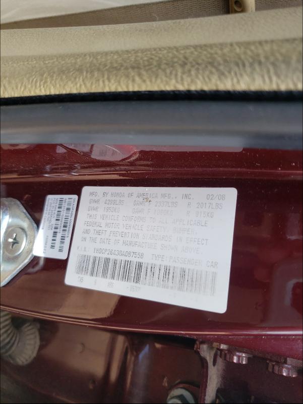 1HGCP26438A087558 - 2008 HONDA ACCORD LXP BURGUNDY photo 10