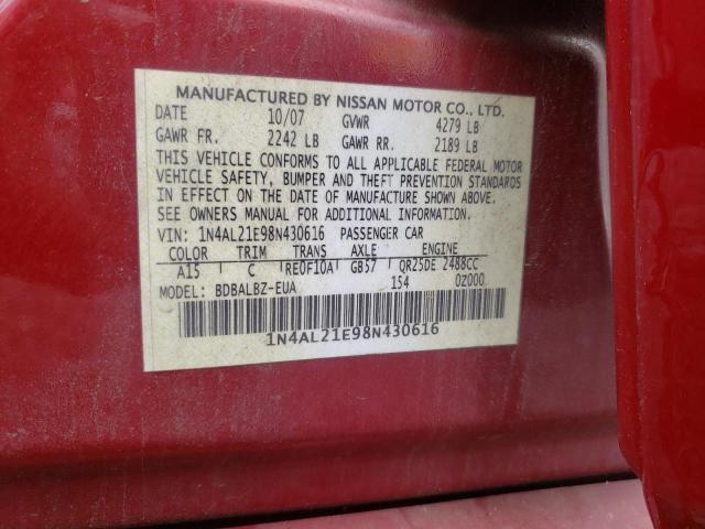 1N4AL21E98N430616 - 2008 NISSAN ALTIMA MAROON photo 10