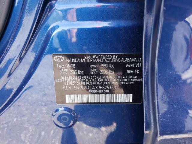 5NPD94LAXJH325388 - 2018 HYUNDAI ELANTRA EC BLUE photo 10