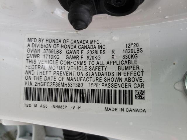2HGFC2F88MH531380 - 2021 HONDA CIVIC SPOR WHITE photo 10