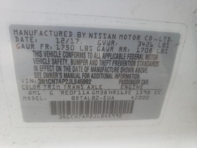 3N1CN7AP2JL845992 - 2018 NISSAN VERSA S WHITE photo 10