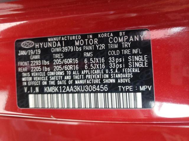 KM8K12AA3KU308456 - 2019 HYUNDAI KONA SE RED photo 10