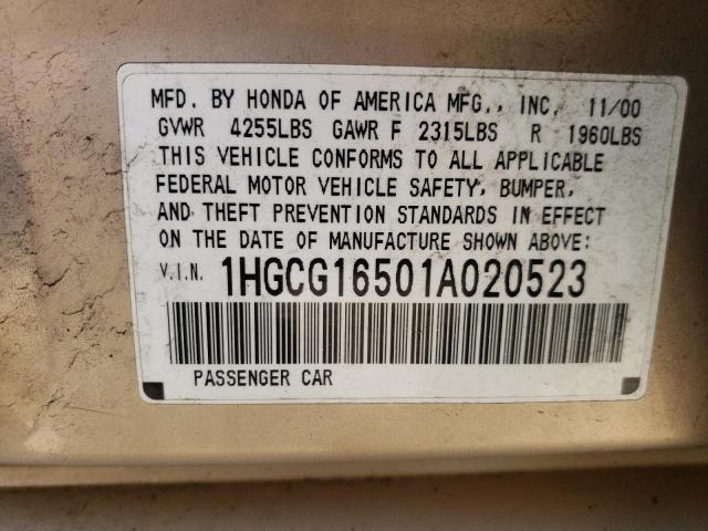 1HGCG16501A020523 - 2001 HONDA ACCORD BEIGE photo 10