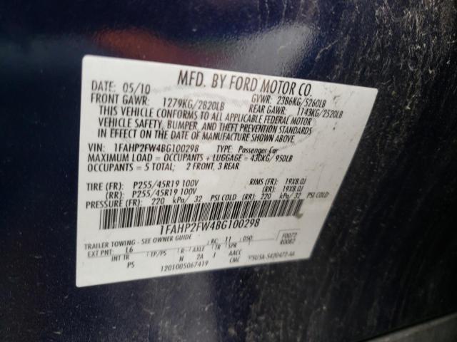 1FAHP2FW4BG100298 - 2011 FORD TAURUS LIM BLUE photo 10