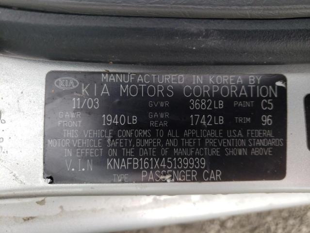 KNAFB161X45139939 - 2004 KIA SPECTRA GS GRAY photo 10