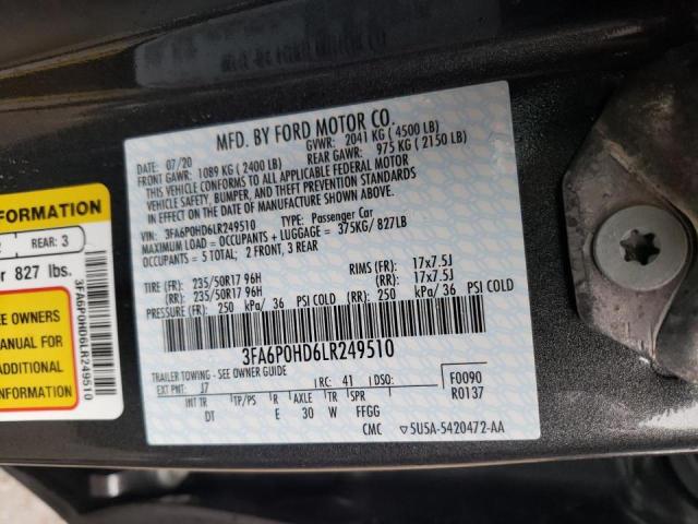 3FA6P0HD6LR249510 - 2020 FORD FUSION SE CHARCOAL photo 10