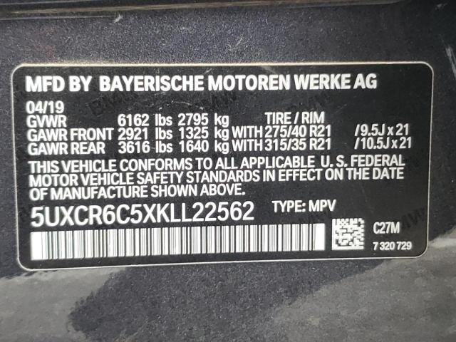 5UXCR6C5XKLL22562 - 2019 BMW X5 XDRIVE4 GRAY photo 10