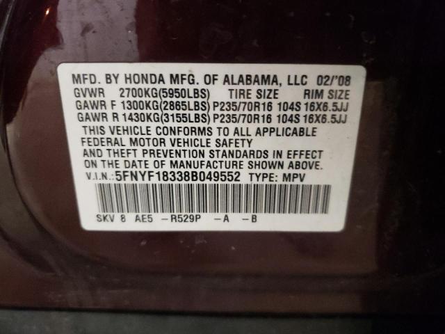 5FNYF18338B049552 - 2008 HONDA PILOT MAROON photo 10