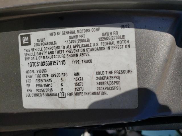 1GTCS19X638157115 - 2003 GMC SONOMA GRAY photo 10