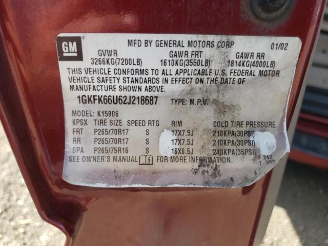 1GKFK66U62J218687 - 2002 GMC DENALI XL RED photo 10