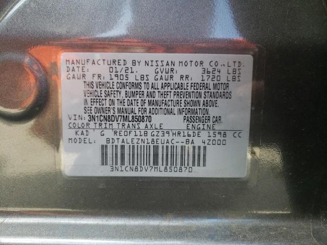 3N1CN8DV7ML850870 - 2021 NISSAN VERSA S GRAY photo 10