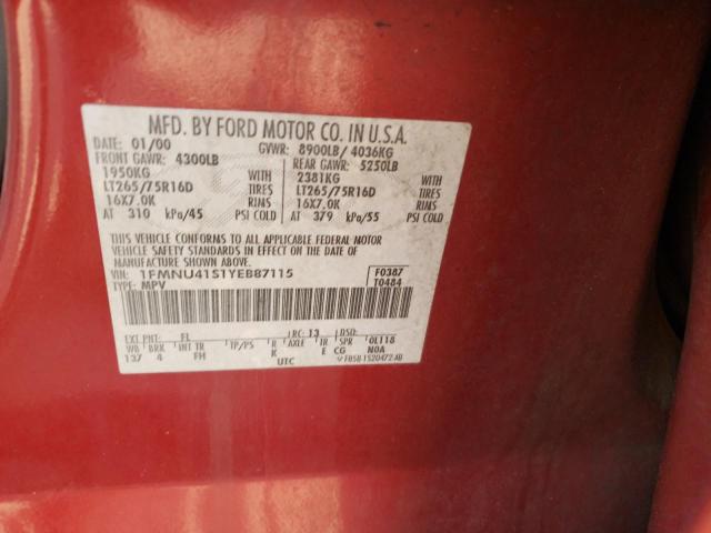 1FMNU41S1YEB87115 - 2000 FORD EXCURSION RED photo 10