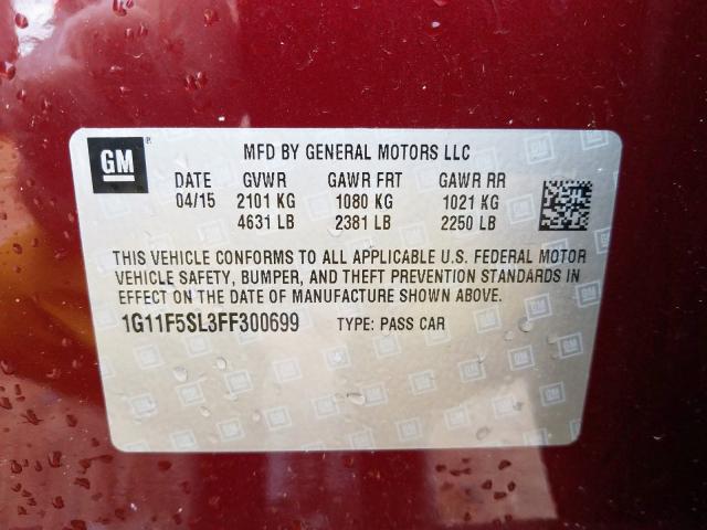 1G11F5SL3FF300699 - 2015 CHEVROLET MALIBU LTZ მუქწითელი ფოტო 10