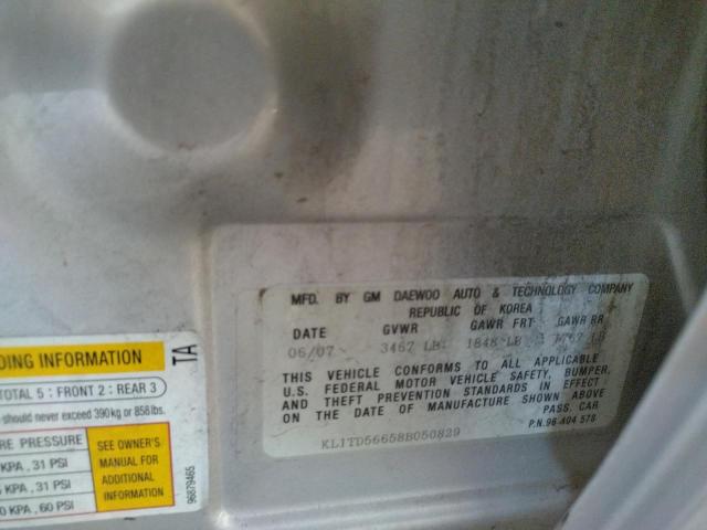 KL1TD56658B050829 - 2008 CHEVROLET AVEO BASE GRAY photo 10