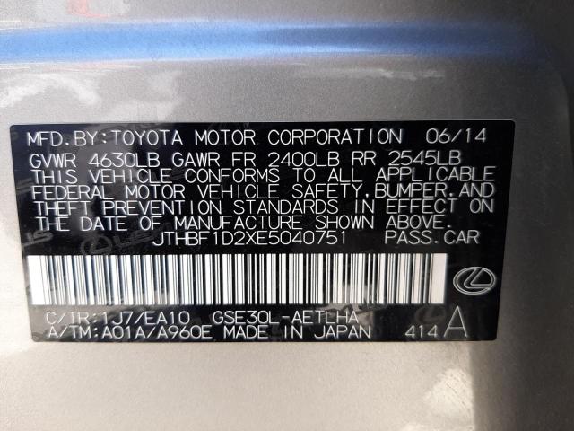 JTHBF1D2XE5040751 - 2014 LEXUS IS 250 GRAY photo 10