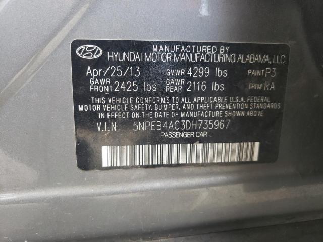 5NPEB4AC3DH735967 - 2013 HYUNDAI SONATA GLS GRAY photo 10