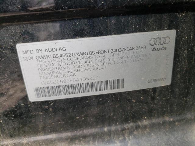 WAUJC68E65A105350 - 2005 AUDI A4 BLACK photo 10