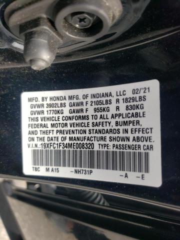 19XFC1F34ME008320 - 2021 HONDA CIVIC EX BLACK photo 10