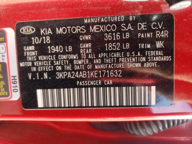 3KPA24AB1KE171632 - 2019 KIA RIO S RED photo 10