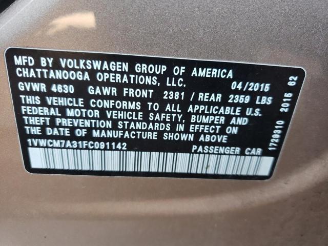 1VWCM7A31FC091142 - 2015 VOLKSWAGEN PASSAT SEL BEIGE photo 10