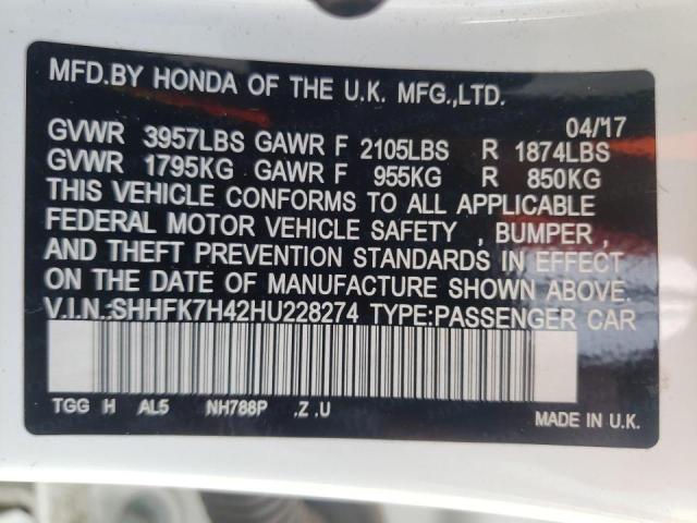 SHHFK7H42HU228274 - 2017 HONDA CIVIC SPOR WHITE photo 10