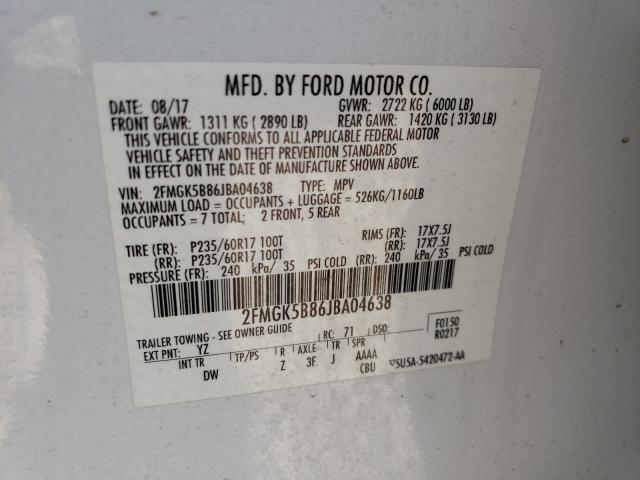 2FMGK5B86JBA04638 - 2018 FORD FLEX SE WHITE photo 10