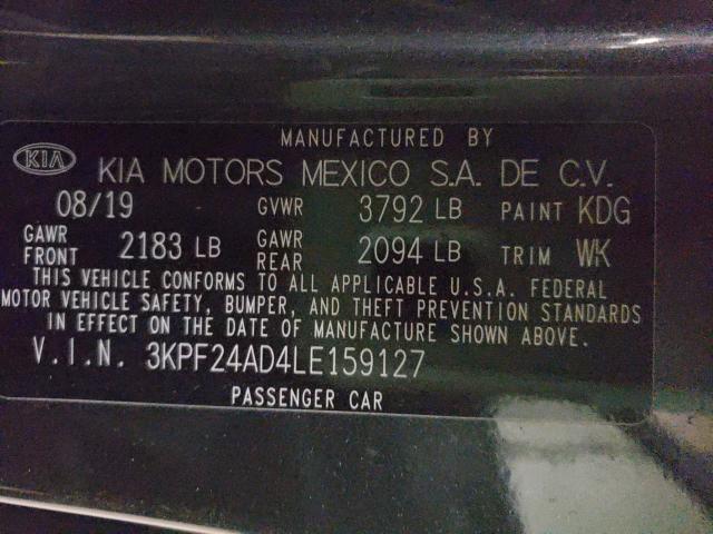 3KPF24AD4LE159127 - 2020 KIA FORTE FE GRAY photo 10