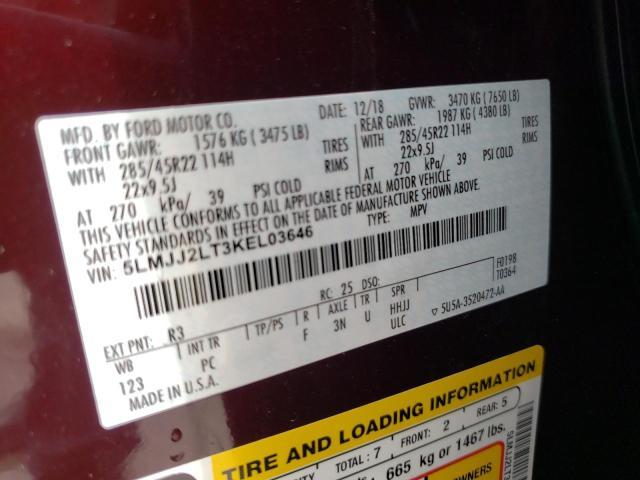 5LMJJ2LT3KEL03646 - 2019 LINCOLN NAVIGATOR 勃艮第红 照片 10