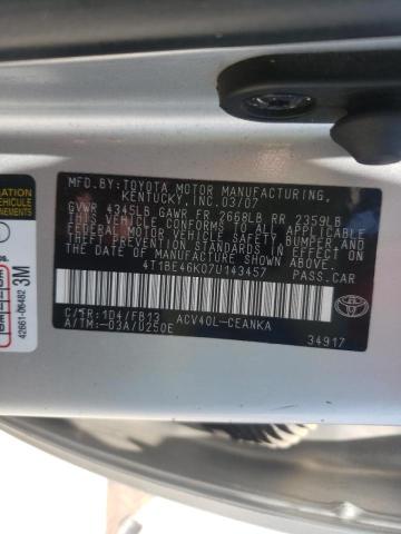 4T1BE46K07U143457 - 2007 TOYOTA CAMRY CE SILVER photo 10