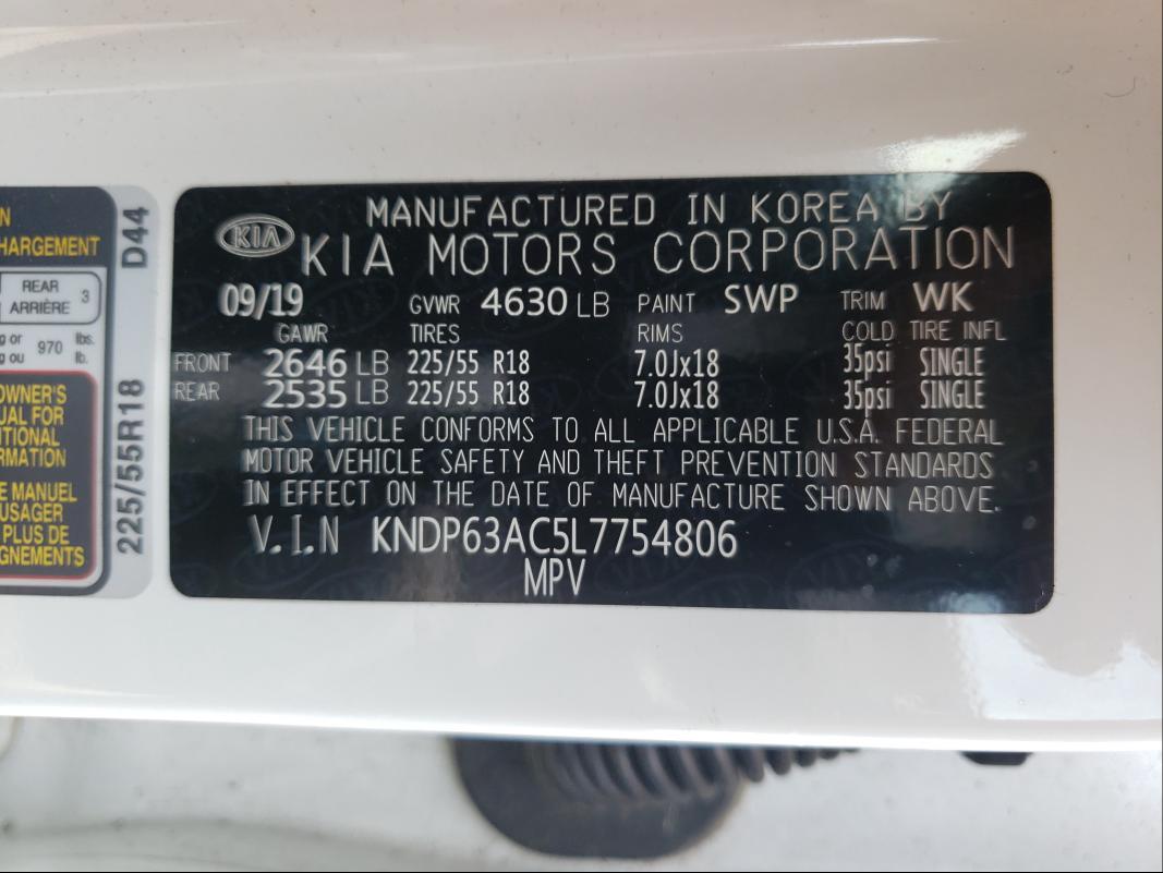 KNDP63AC5L7754806 - 2020 KIA SPORTAGE S WHITE photo 10