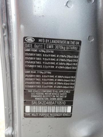 SALSK2D48BA710510 - 2011 LAND ROVER RANGE ROVE GRAY photo 10