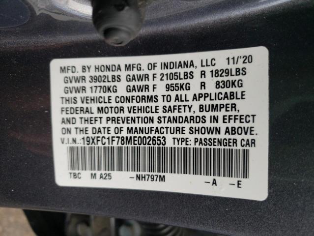 19XFC1F78ME002653 - 2021 HONDA CIVIC EXL Boz foto 10