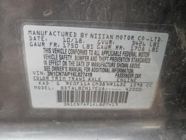 3N1CN7AP1KL827419 - 2019 NISSAN VERSA S GRAY photo 10