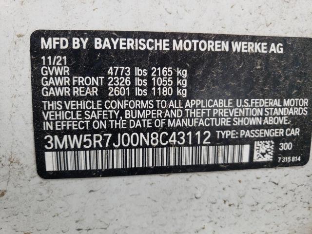 3MW5R7J00N8C43112 - 2022 BMW 330XI WHITE photo 10