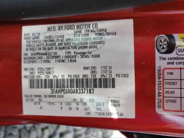 3FAHP0JA0AR337183 - 2010 FORD FUSION SEL RED photo 10