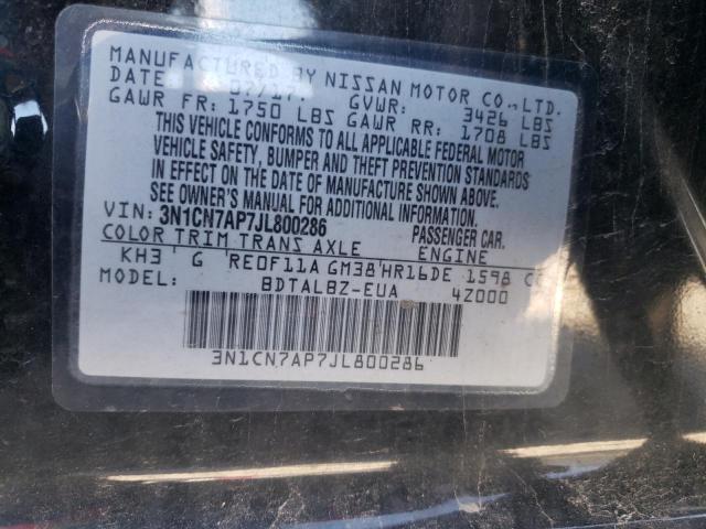 3N1CN7AP7JL800286 - 2018 NISSAN VERSA S BLACK photo 10