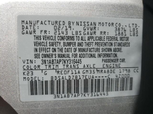 3N1AB7AP7KY316445 - 2019 NISSAN SENTRA SV SILVER photo 10