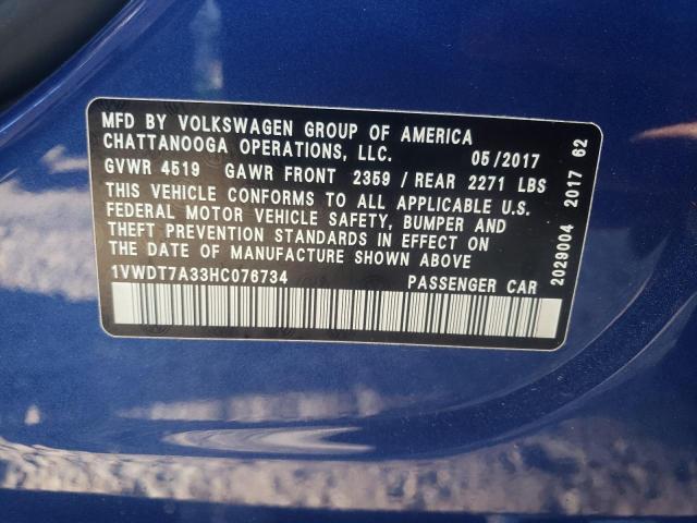1VWDT7A33HC076734 - 2017 VOLKSWAGEN PASSAT R-L 蓝色 照片 10