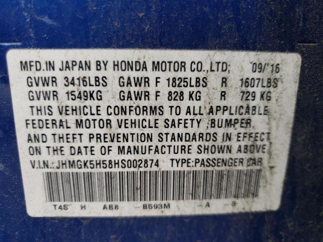 JHMGK5H58HS002874 - 2017 HONDA FIT LX BLUE photo 10