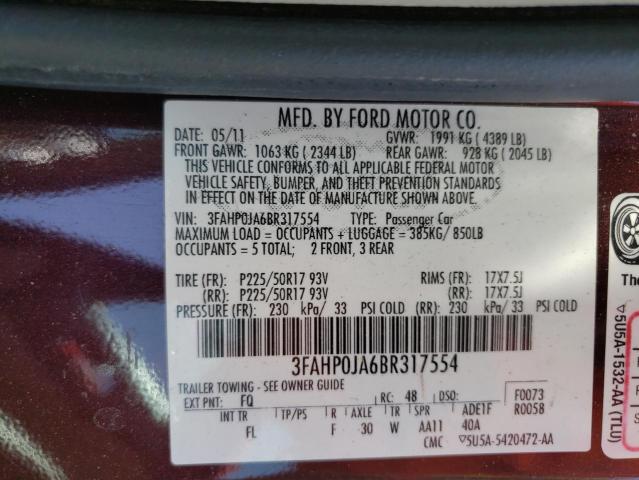 3FAHP0JA6BR317554 - 2011 FORD FUSION SEL MAROON photo 10