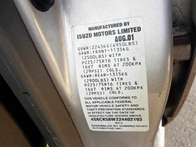 4S6CK58W224402193 - 2002 HONDA PASSPORT E 银色 照片 10