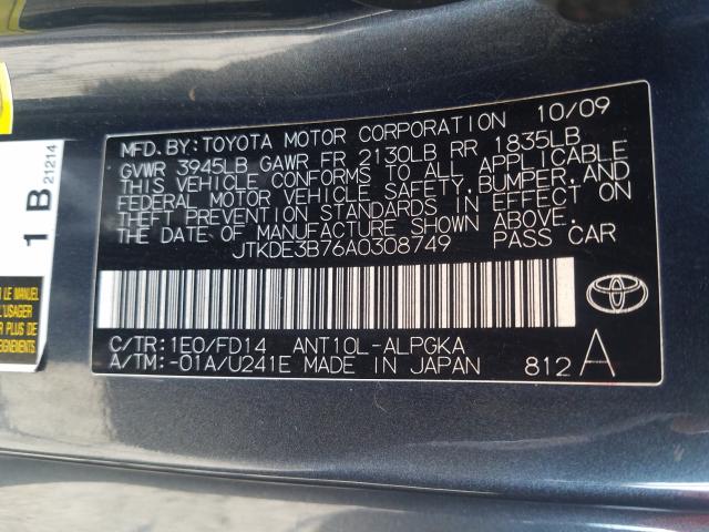 JTKDE3B76A0308749 - 2010 TOYOTA SCION TC 灰色 照片 10